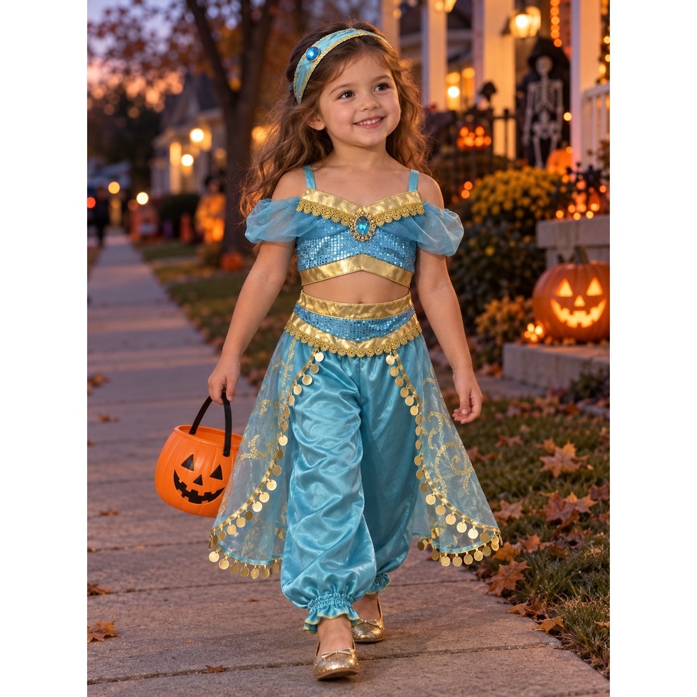 Poly Unicorn Kids Princess Jasmine Costume Turquoise Gold 3pc Set Size 100 (4)